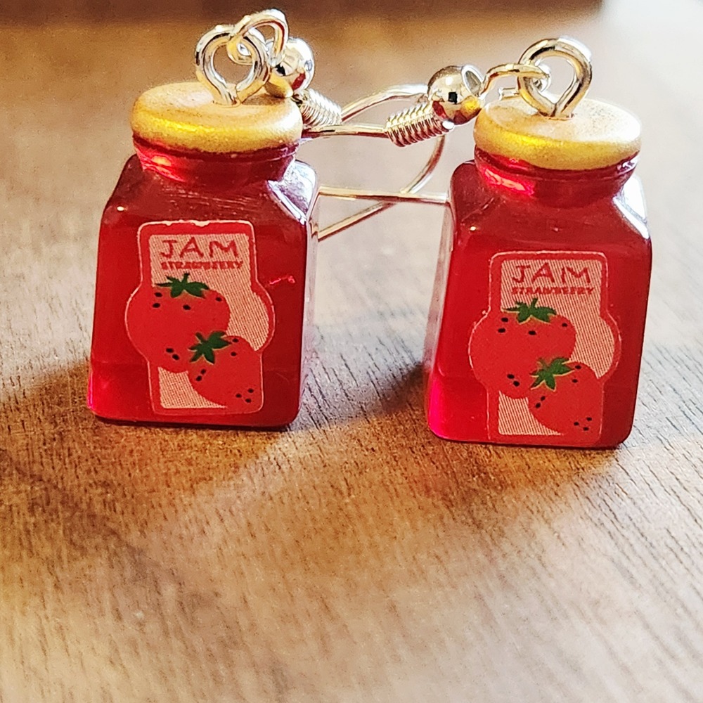 Handmade‎ Strawberry Jam Jar Drop Earrings Red Resin Miniature Food Novelty